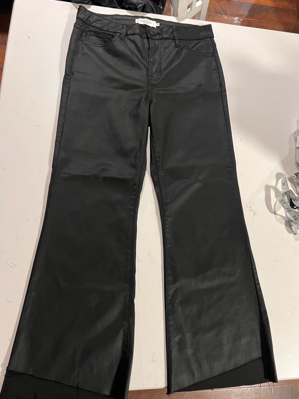 Coated Black Wide-Leg Flare Pants
